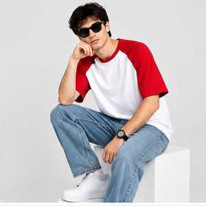 Camiseta de Hombre, Cuello Redondo, Manga Raglán Roja y Blanca, Casual, 100% Algodón, Corte Holgado, Color Sólido, Diseño Moderno, Secado Rápido - Product Image 3