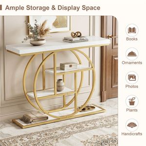 Consolle Moderna da 41 Pollici con 3 Ripiani Aperti, in Rovere, Struttura a O in Metallo, per Ingresso, Tavolo da Divano, Soggiorno, Corridoio - Product Image 3