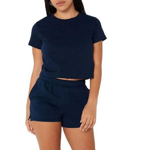Women Summer Solid Collarless Short Top Two-Piece Biker Shorts Pockets Breathable <b>Knitted</b> Fabric 100% Cotton - Product Image 4