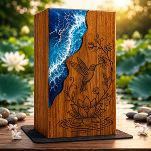 Handmade Wooden Cremation Urn Ocean Wave Resin <b>Memorial</b> <b>Box</b> Floral Bird Inlay Adult Cremation Keepsake Case - Product Image 5
