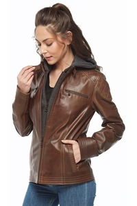 Veste de moto en cuir de vache véritable tricotée pour femme Afernon Industry, à capuche, manches longues, fermeture éclair, imperméable, automne, couleur unie - Product Image 2