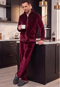 <b>Men's</b> Burgundy <b>Velour</b> <b>Tracksuit</b> Set Stand Collar Zip Up Jacket and Pants Two Piece Casual Outfit - Product Image 6