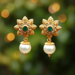 Floral Pearl Drop Jhumka Earrings in Matte Gold Finish for Wedding and Party - Product Image 3