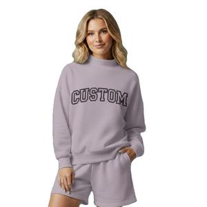 Ensemble sweat-shirt et short pour femme, vert lime uni, imprimé texte « CUSTOM », col montant, coupe oversize, manches longues, style streetwear décontracté - Product Image 2