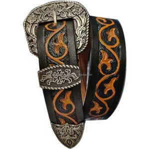 เข็มขัดเครื่องมือและอุปกรณ์เสริมหนังแท้สไตล์ตะวันตกแกะสลักด้วยมือลายดอกไม้พร้อมตัวรักษาหัวเข็มขัดและปลายห่วง - Product Image 1