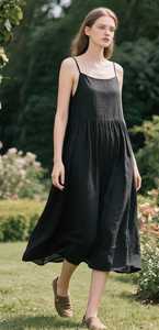 Robe d'été en lin pour femme, robe longue à bretelles spaghetti, coupe évasée, poches boutonnées, ample et fluide, écologique, faite à la main - Product Image 3