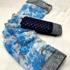 Tendencia India Bellamente diseñado Fancy Floral Printed Lace Border Work 5,5 MTR Long Length Saree para fiesta y boda - Product Image 4