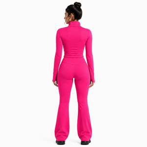 <b>Ladies</b> Activewear 2 Piece Yoga Set Fitted Zip Winter <b>Crop</b> <b>Jacket</b> High Waist Flare Pants Custom Stretchy Sport Outfit Supplier - Product Image 2