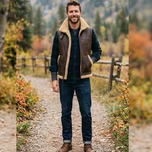 <b>Mens</b> Genuine Leather Shearling Vest Real <b>Sheepskin</b> Winter Warm Fur <b>Gilet</b> Motorcycle Biker Jacket Sleeveless Bomber Coat Outwear - Product Image 5