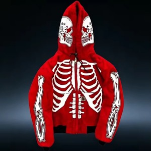 Sudadera con capucha y cremallera con estampado de calavera roja para hombre, corte regular, forro polar de punto, 100% algodón, peso pesado para invierno, ropa urbana personalizada - Product Image 3