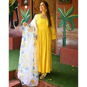 Ensemble de costume pour femme en organza de chiffon imprimé respirant jaune avec manches à motifs - Taille XS - Product Image 4