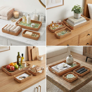 ถาดเสิร์ฟหวาย ถาดสี่เหลี่ยมฝังเปลือกหอย ถาดโมเสกเปลือกหอยมุกสีเขียวใบไม้ สำหรับตกแต่งโต๊ะกาแฟและโต๊ะเครื่องแป้ง - Product Image 4