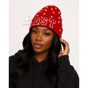 Delta |   Sigma |   Gorro de Punto Rojo con Perlas para Mujer de la Hermandad Theta, Gorro Casual de Invierno con Letras Griegas Bordadas en Chenilla - Product Image 5