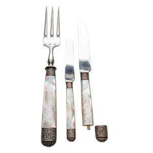 Wholesale Antique Victorian Mother Of Pearl <b>Handle</b> Cutlery Set Sterling Silver Band Fruit Knife Fork Flatware Collectible Table - Product Image 1