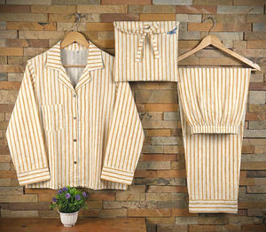 Ensemble de pyjama pour femme en coton 100% fait main en Inde, imprimé à rayures jaunes, idéal pour l'été et les demoiselles d'honneur - Product Image 2