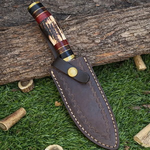 Cuchillo de caza personalizado OEM/ODM de 10 pulgadas, forjado a mano en Damasco, con hoja de punta de clip, mango de cuerno y funda de cuero. - Product Image 6