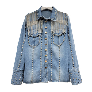2026 New Arrivals Winter Rivet Beaded Tassels Windproof Fashion Personality Korean Long Stylish Bomber <b>Denim</b> <b>Jacket</b> - Product Image 1