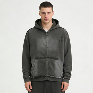 เสื้อฮู้ดดี้ผู้ชายสีดำฟอกแบบวินเทจ แต่งซิป สไตล์สตรีทแวร์ทรงโอเวอร์ไซส์  ผ้าคอตตอนฟลีซ  รับสกรีนโลโก้ - Product Image 3