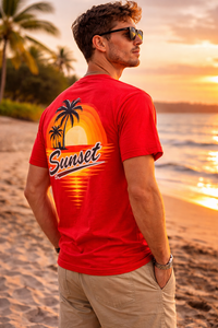 Camiseta Gráfica Roja Oversize para Hombre, Estampado de Atardeceres y Playa, Algodón, Estilo Urbano, Casual, Holgada, con Logo Personalizado - Product Image 5