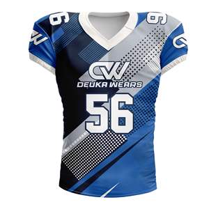 Maillot de football américain personnalisé en gros avec nom et numéro d'équipe, en tissu sergé sublimé, respirant, 100 % polyester, maille respirante - Product Image 1