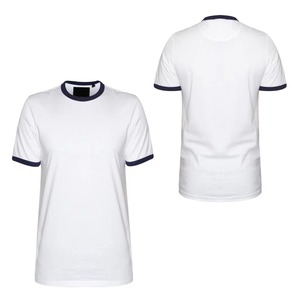 <b>Men's</b> White Short Sleeve O-Neck <b>T</b>-<b>Shirt</b> With <b>Navy</b> <b>Blue</b> Contrast Trim Regular Fit Casual Solid Color Jersey Knitted - Product Image 4