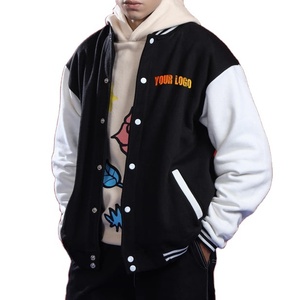 Men's <b>Black</b> <b>and</b> White <b>Varsity</b> <b>Jacket</b> with <b>Red</b> Logo Print Front Embroidery Stand Collar Casual Autumn Wear Wool/Polyester - Product Image 1