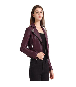 Women's Purple PU Leather Moto Jacket Full Sleeve Turn Down Collar <b>Zipper</b> Closure Autumn Style - Product Image 3