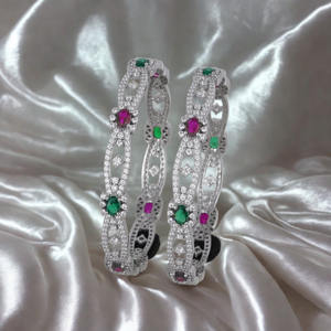 Luxury Fine Jewelry Sets Classic Silver Bangles with <b>Ruby</b> and Emerald Floral Design - Product Image 2