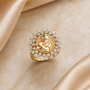 Anillo Redondo Radha Krishna de Oro de 14K Premium con Halo de Circonitas Brillantes, Joyería Nupcial Tradicional para Mujer - Product Image 1
