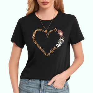 Camiseta de Manga Corta con Cuello en V para Mujer, Color Verde Oliva, Estampado de Corazón de Dibujos Animados, Informal, Primavera Verano, 100% Poliéster Jersey Transpirable - Product Image 1