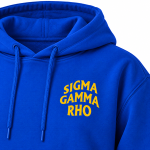 Sudadera con Capucha Azul Rey de Sigma Gamma Rho, con Letras Amarillas en el Pecho, Diseño Minimalista, Bolsillo Canguro, Ropa de Sororidad - Product Image 5