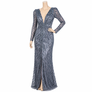 Luxury Grey Beaded Mermaid Evening Gown for Women Deep V Neck Long Sleeve Formal Wedding Reception Prom Party Maxi Dress - Product Image 1