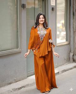 Conjunto coordinado étnico de fusión étnica para mujer con bordado Chinon y cuello de lentejuelas, estilo Palazzo, para bodas, fiestas y Diwali - Product Image 1