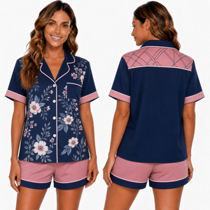 Ensemble de pyjama à manches courtes pour femmes, imprimé floral bleu marine, avec col rabattu et fermeture à boutons, vêtements de nuit d'été - Product Image 1