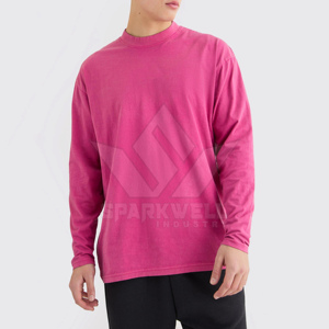 T-shirt en coton rose uni à manches longues et coupe oversize pour homme, col rond, coupe décontractée, logo au dos - Product Image 2