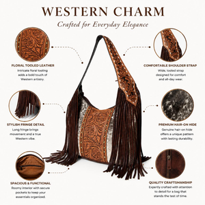 Handcrafted Hair On Cowhide Leather Western Fringe Hobo Shoulder Bag Tooled Leather Cowgirl <b>Purse</b> Vintage Everyday Handbag women - Product Image 5