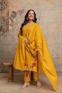 Ensemble Kurta en coton brodé couleur moutarde pour femme avec pantalon et dupatta, longueur cheville, style traditionnel indien pakistanais, décontracté - Product Image 2