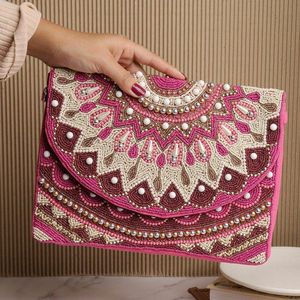 Pink Mandala Beaded Envelope <b>Clutch</b> <b>Bag</b> Pearl Seed Bead Evening Purse Ethnic Handbag Party <b>Wristlet</b> Wallet For Women - Product Image 1
