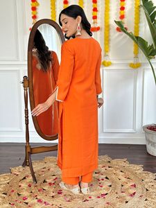Latest Women's Orange Viscose Chanderi Embroidery <b>Kurti</b> with Chanderi Pant Chanderi Silk With Printed Dupatta Sets - Product Image 3