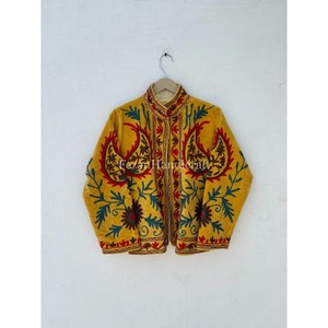 Yellow Velvet Suzani Jacket <b>Coat</b> Floral Embroidery Short Party Wear <b>Coat</b> Boho Chic Jacket Women's Winter Overcoat - Product Image 5
