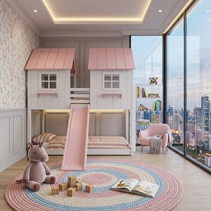Twin Size Wooden Bunk <b>Bed</b> With Slide <b>House</b> Design White Pink Scandinavian Style Kids <b>Bed</b> - Product Image 4