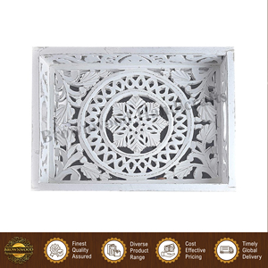 ถาดเสิร์ฟอาหารทรงสี่เหลี่ยมผืนผ้า ทำจากไม้ MDF และไม้มะม่วง งานแฮนด์เมด สีขาวโบราณแบบเผา คุณภาพมาตรฐาน ขายดี ชุด 2 ชิ้น - Product Image 5