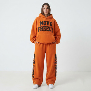 <b>Women</b> Distress Embroidery Hooded Tracksuit Full Sleeve Drop Shoulder Heavyweight 500 GSM Wide Leg <b>Sweat</b> <b>Pants</b> Ladies Tracksuit - Product Image 1