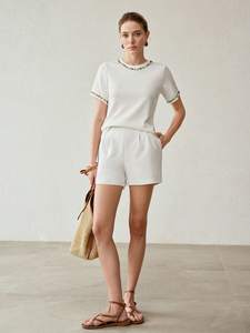 Trendy Round Neck Embellished Short Sleeve <b>Top</b> Women's Shirts Custom Logo <b>Beaded</b> Trim Elegant Luxury Summer Clothing Fashion <b>Top</b> - Product Image 5