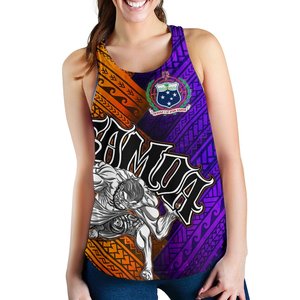 Camiseta sin mangas para mujer Samoa, cuello redondo, estampado floral digital, transpirable, de poliéster tejido, informal, con logo frontal, morado y naranja - Product Image 2