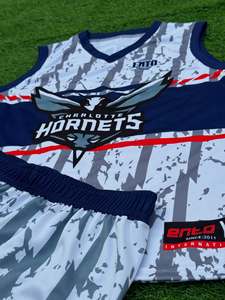 Ensemble <span class=keywords><strong>de</strong></span> maillots <span class=keywords><strong>de</strong></span> <span class=keywords><strong>basket</strong></span>-ball ENTO <span class=keywords><strong>Charlotte</strong></span> <span class=keywords><strong>Hornets</strong></span>, sublimé, blanc, rayé marine, col en V, sans manches, séchage rapide, unisexe, adulte - Product Image 4