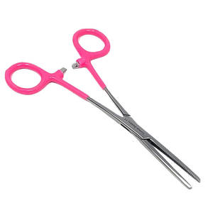 Stainless Steel 6 Inch Curved Serrated Hemostat Forceps With Pink <b>PVC</b> Grip And Locking Ratchet For Jewelry Making - Product Image 1
