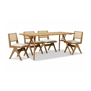 Juego de Mesa de Comedor de Madera de Teca Moderna Premium ARTERRA con Sillas de Mimbre y Cojines Ecológicos para Uso en Hogar, Hotel y Villa - Product Image 1