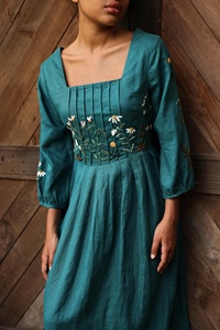 Teal Blue Hand-Embroidered Square Neckline and <b>Three</b>-Quarter Sleeves Cotton Linen Maxi Dress for Women - Product Image 3