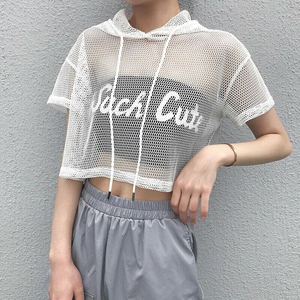 Women <b>Mesh</b> Fabric Crop <b>Top</b> Hoodie Full Sleeve Crew Neck Streetwear Sexy Club Polyester Sweatshirt - Product Image 1